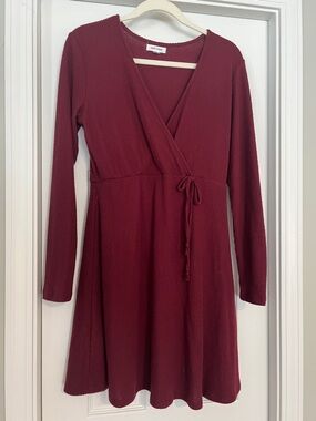 Stitch and Pine Ribbed Wrap-Front Long Sleeve Dress - Burgundy